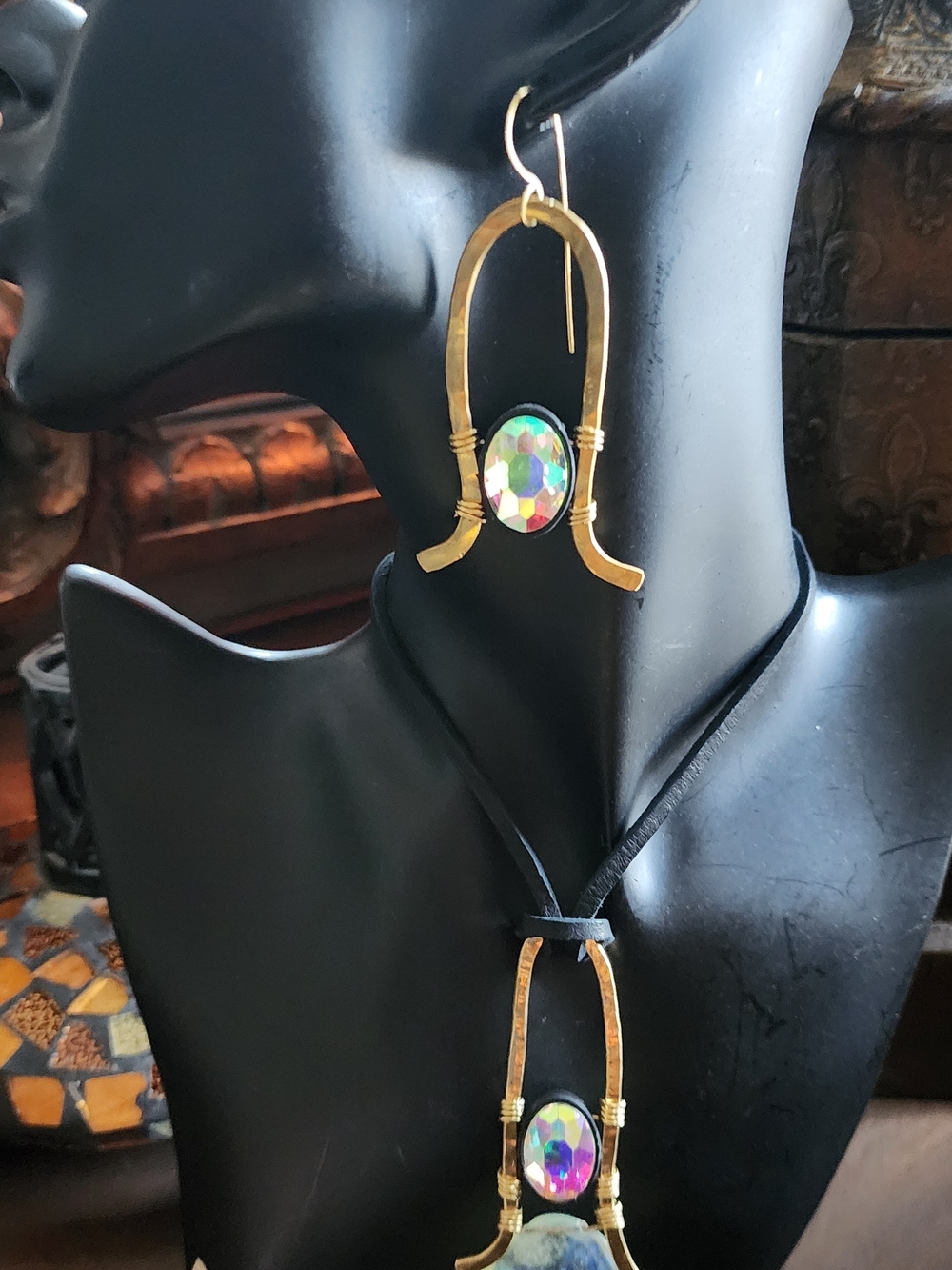 Handmade Hammered Brass Necklace/earring Set W/quartz And Crystal Wire Wrap.